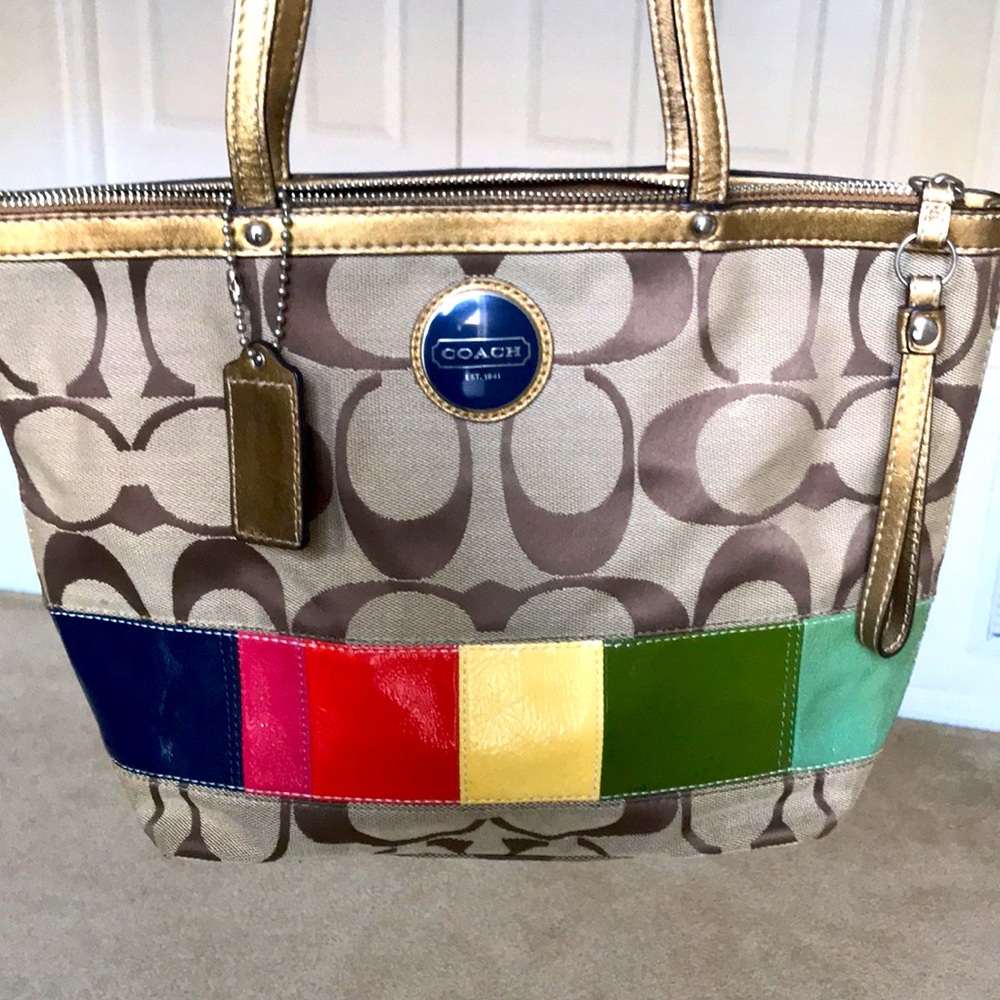 Authentic Coach signature c-canvas multi-colored patch bronze/gold handbag.